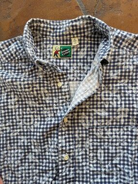 Rare VTG Johnny Cotton Long Sleeve Floral Sun Print on Blue Check Button Down -M